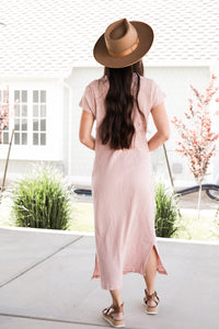 Ribbed Midi Dress In Dusty Pink